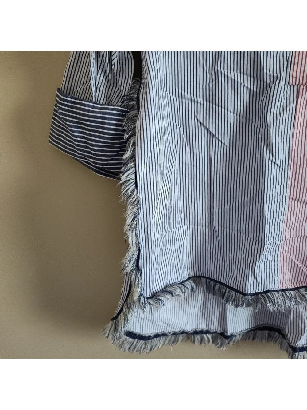 ZARA striped linen blend oversized high low tunic top size M fringe trendy - Picture 3 of 8